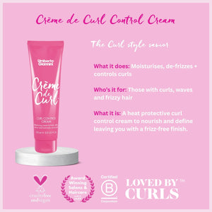 Umberto Giannini Crème de Curl Control Cream pink tube with benefits for moisturizing, de-frizzing, and curl control