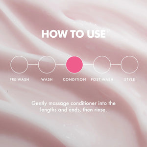 How to use hair conditioner step with pink creamy texture background, massage into lengths and ends