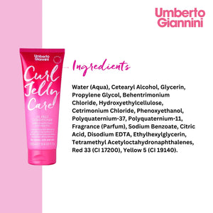 Umberto Giannini Curl Jelly Care De-Frizz Conditioner 250ml tube with ingredient list on pink and white background