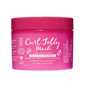 Pink jar of Curl Jelly Mask anti-frizz treatment with coconut oil and shea butter for curls
