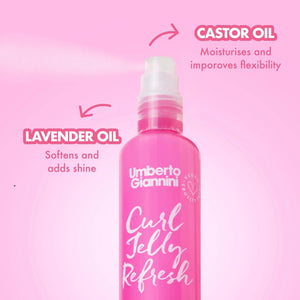 Pink bottle of Umberto Giannini Curl Jelly Refresh spray with lavender and castor oils, moisturizing and shine