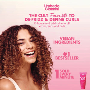 Smiling woman with defined curly hair promoting Umberto Giannini Curl Jelly for de-frizzing and defining curls