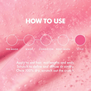 Pink background with hair care routine graphic highlighting 'Style' step for styling curly hair using scrunching jelly