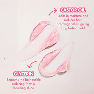 Clear pink gel swatches highlighting castor oil for moisture and glycerin for smoothing hair and reducing frizz