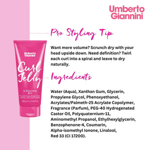 Umberto Giannini Curl Jelly Scrunching Jelly pink tube with pro styling tip and ingredient list on white background