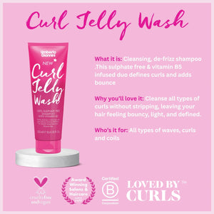 Umberto Giannini Curl Jelly Wash shampoo tube on a pedestal, sulphate-free with vitamin B5, cruelty-free and vegan