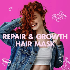 Smiling woman with curly red hair wearing a denim jacket over white crop top against pink background with text Repair & Growth Hair Mask
