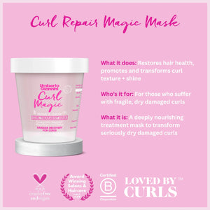 Umberto Giannini Curl Repair Magic Mask container with pink text explaining its nourishing treatment for dry, damaged curls