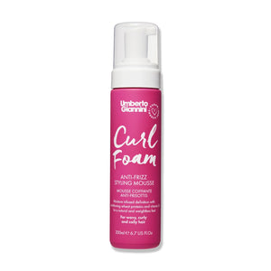 Umberto Giannini Curl Foam anti-frizz styling mousse for wavy, curly, and coily hair in 200ml pink bottle
