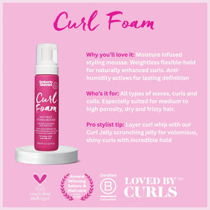 Umberto Giannini Curl Foam anti-frizz styling mousse bottle on white stand with product benefits on pink background