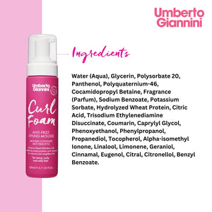 Umberto Giannini Curl Foam anti-frizz styling mousse bottle with ingredients list on white and pink background