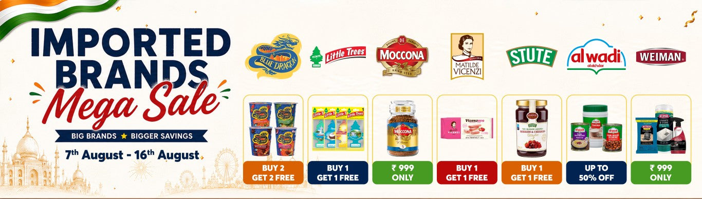 A promotional banner for an 'Imported Brands Mega Sale' featuring various Indian grocery brands like Lotti Free, Moccona, Nestle, Stute, Alwi, and Weiman. The banner includes product bundles, pricing offers, and a 'SHOP NOW' button at the bottom right.