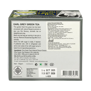 Earl Grey green tea 100g box showing detailed ingredients, instructions, and expiration date