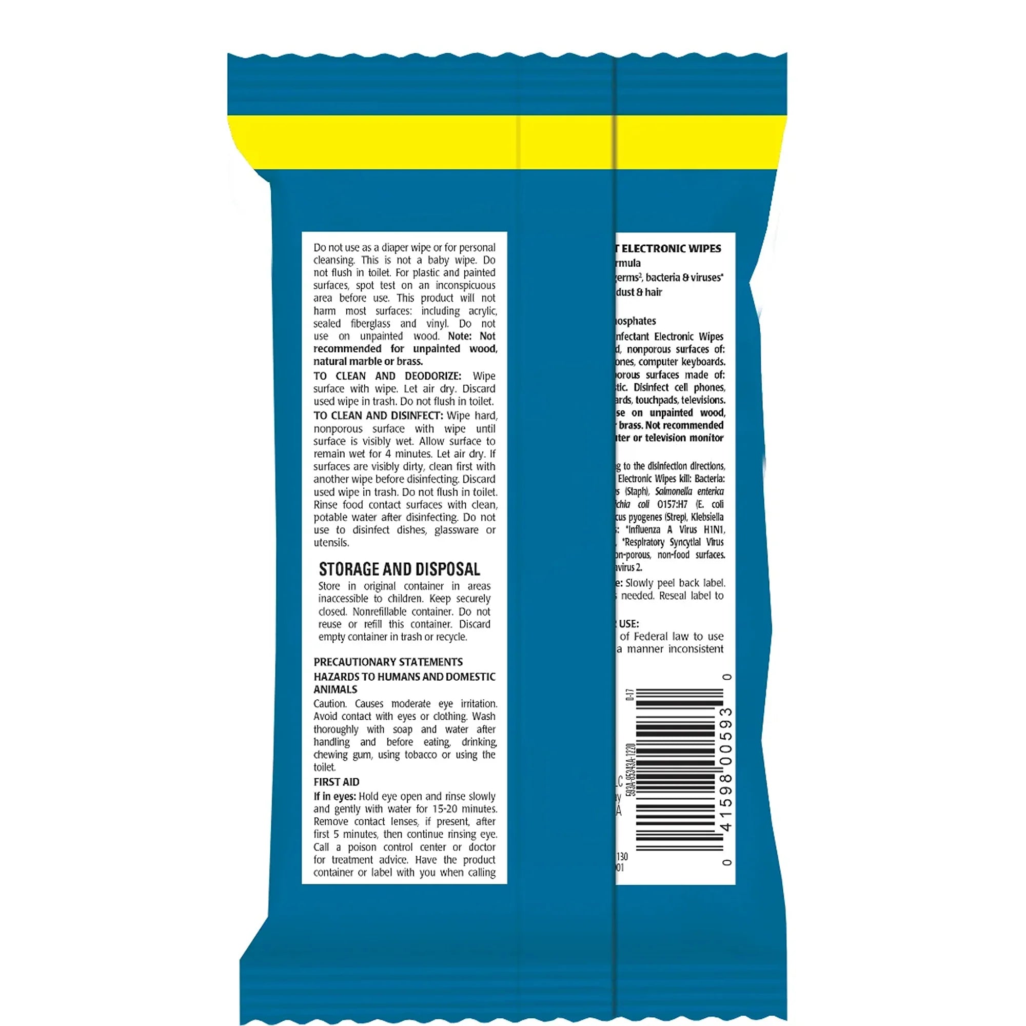 Back label of electronic cleaning wipes with usage instructions and safety info