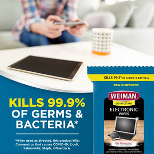 Weiman Electronic Wipes kill 99.9% germs & bacteria, perfect for cleaning phones, tablets, and keyboards at home.