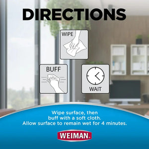 Weiman cleaning product directions: wipe, buff, wait 4 minutes for surface care