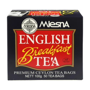 Box of premium Ceylon English Breakfast tea bags, 100g, 50 count, black and red packaging