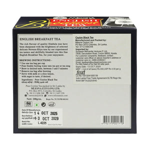 Back of English Breakfast Tea box showing ingredients, brewing instructions, and packaging details
