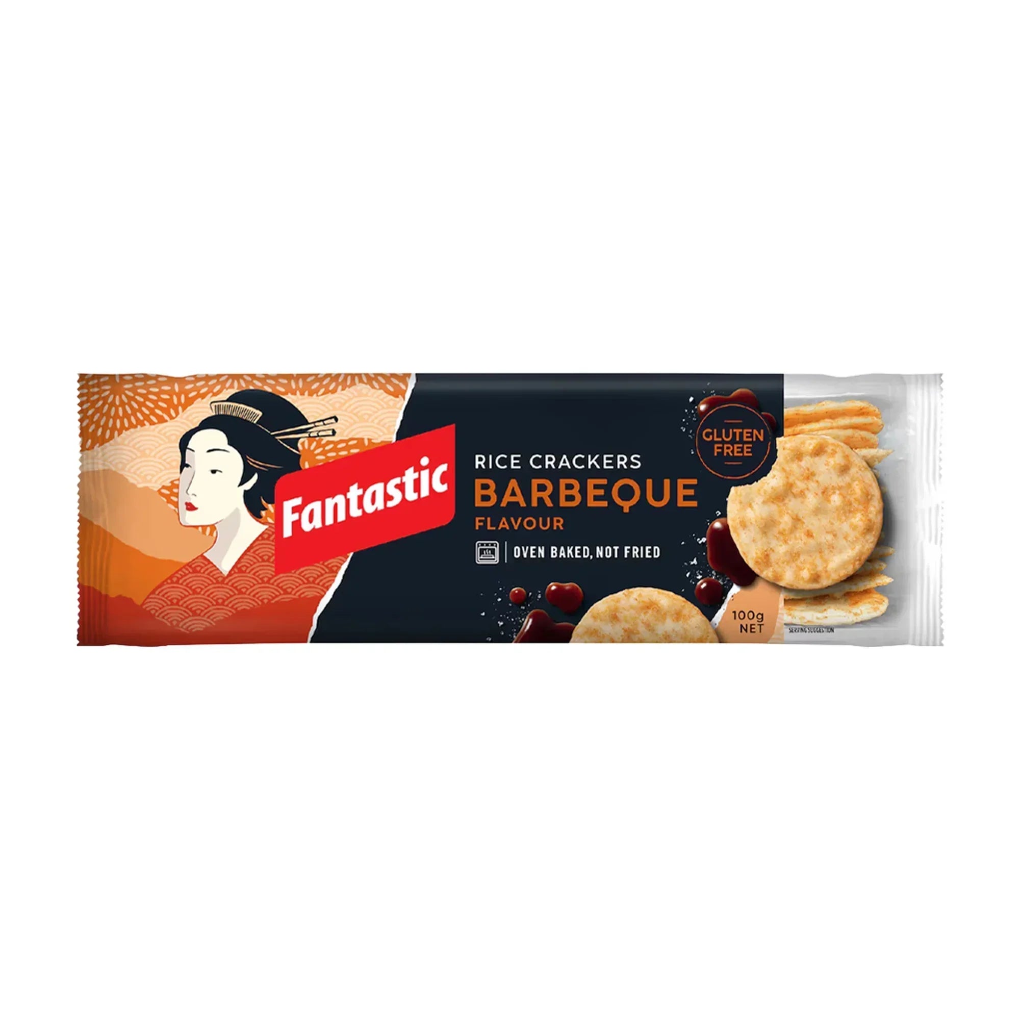 Fantastic barbeque rice crackers pack with gluten free label and crackers visible