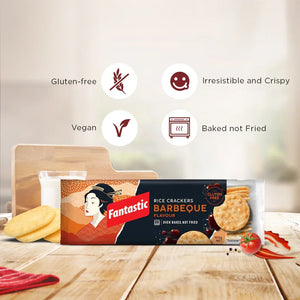 Fantastic Barbeque rice crackers pack on wooden table with gluten-free, vegan, baked not fried icons.