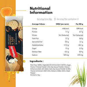 Honey soy rice crackers in packaging with nutritional information and ingredients list.