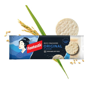 Original rice crackers in blue packaging with rice stalks and round crackers, gluten free snack.