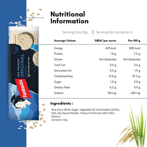 Fantastic Original rice crackers pack with nutritional information and ingredients list displayed.