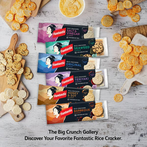 Assorted Fantastic rice crackers packs in different flavors on rustic wooden boards with rice crackers scattered around.