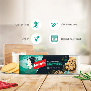 Fantastic seaweed rice crackers pack on wooden table, gluten-free, vegan, baked, contains soy.