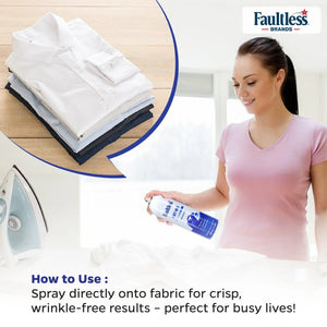 Woman spraying Faultless wrinkle release spray on fabric near iron and folded shirts for wrinkle-free clothes