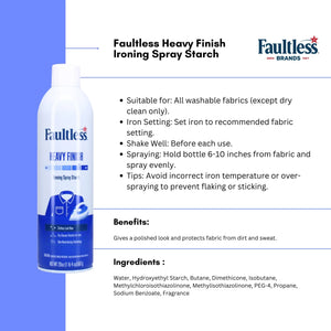 Faultless Heavy Finish Ironing Spray Starch bottle with usage instructions and benefits for washable fabrics