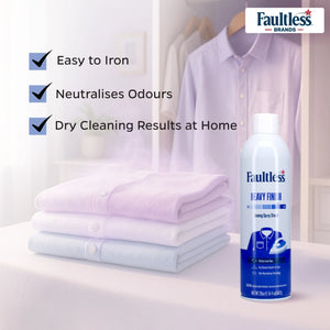 Faultless Heavy Finish ironing spray starch with stacked pastel shirts and benefits text in a closet setting