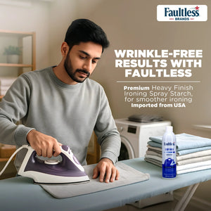 Man ironing clothes with Faultless Heavy Finish Ironing Spray Starch for wrinkle-free results