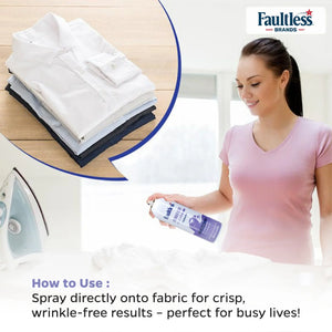 Woman spraying Faultless spray starch on fabric with iron, white shirts stacked nearby, wrinkle-free clothes