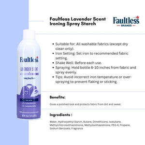 Faultless Lavender Scent Ironing Spray Starch can with usage instructions and benefits on light background