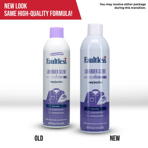 Old and new packaging of Faultless Lavender Scent Ironing Spray Starch with same formula