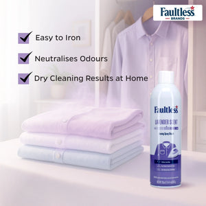 Faultless Lavender Scent ironing spray starch can with folded shirts and benefits Easy to iron, neutralises odours, dry cleaning results at home