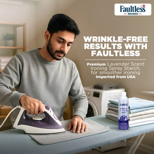 Man ironing shirt with purple and white iron using Faultless lavender scent spray starch on ironing board
