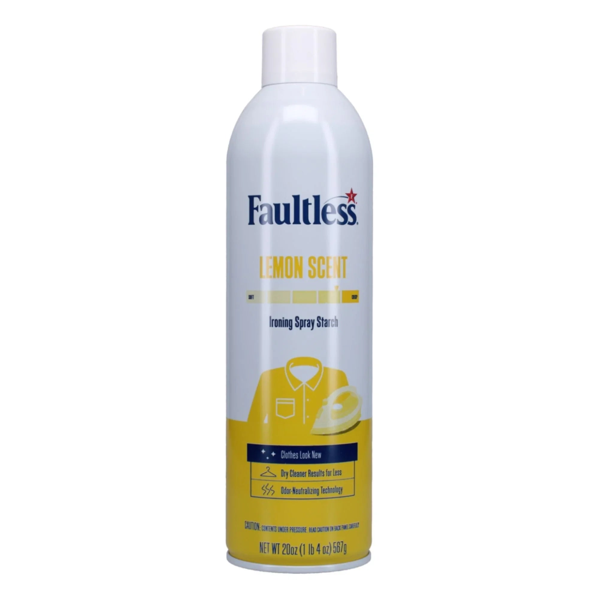 Faultless Lemon Scent Ironing Spray Starch can with yellow and white design, 20oz size