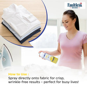 Woman spraying Faultless spray starch on fabric with iron and folded shirts, wrinkle-free clothing