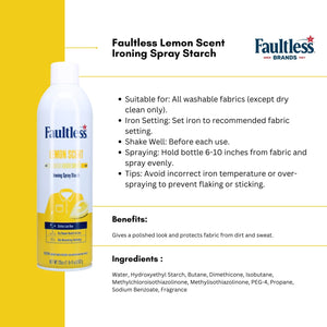 Faultless lemon scent ironing spray starch can with usage instructions and benefits