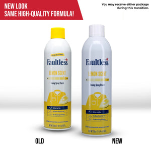Faultless lemon scent ironing spray starch cans showing old and new packaging with yellow and white design