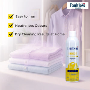 Faultless lemon scent ironing spray starch next to folded shirts with benefits list: easy to iron, neutralises odours, dry cleaning results