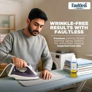 Man ironing clothes on board using Faultless lemon scent spray starch in laundry room