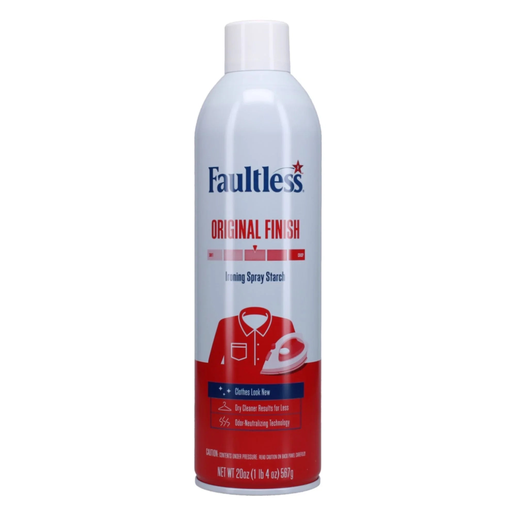20oz can of Faultless Original Finish Ironing Spray Starch with red and white label