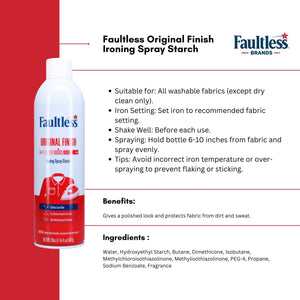 Faultless Original Finish Ironing Spray Starch can with instructions and benefits on white and red background