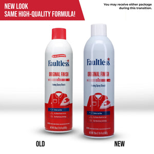 Old and new Faultless Original Finish Ironing Spray Starch cans with updated packaging