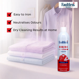 Faultless Original Finish ironing spray starch can with folded shirts and benefits easy to iron, neutralises odors, dry cleaning results