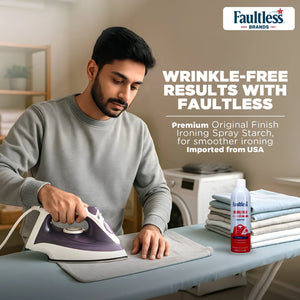 Man ironing clothes on board using Faultless Original Finish Spray Starch for wrinkle-free results