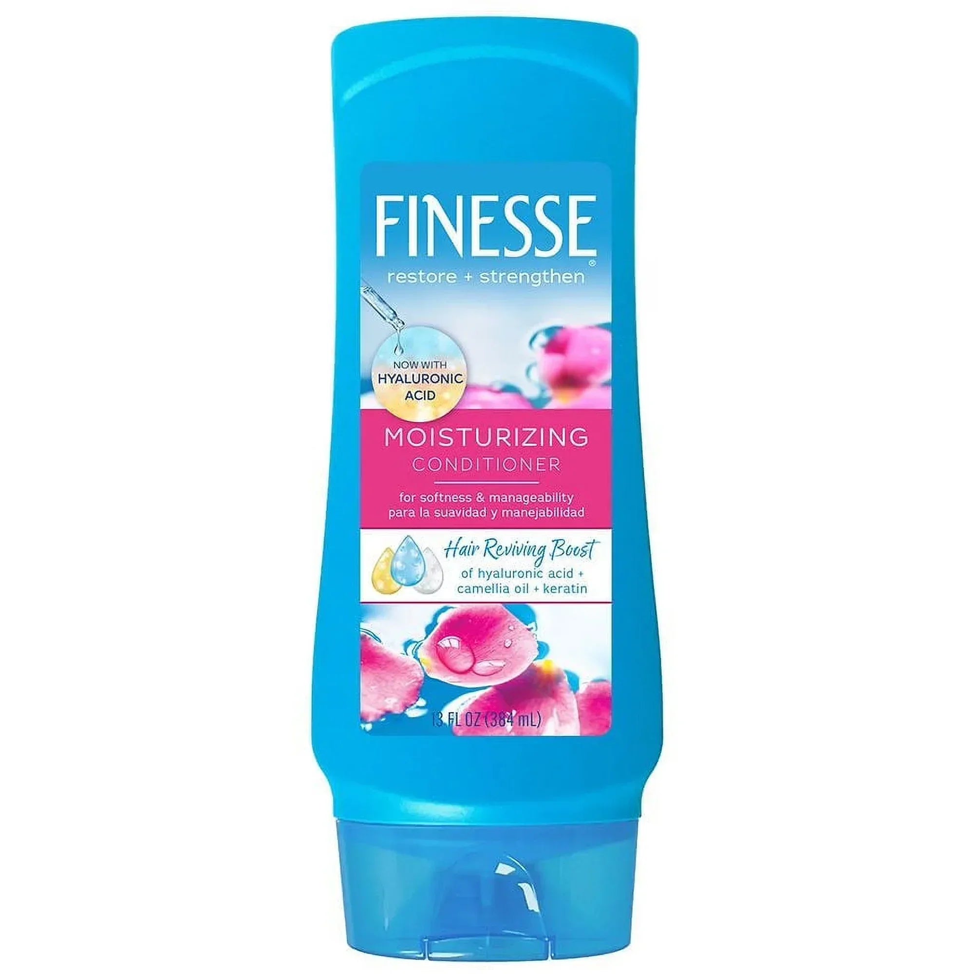 Finesse Moisturizing Conditioner bottle with hyaluronic acid, camellia oil, and keratin for soft, manageable hair